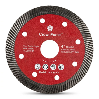 CrownForce 4" Super-Thin Turbo Tile Blade for Porcelain, Ceramic & Granite | Chip-Free Cutting | 7/8" Arbor with 20mm & 5/8" (16mm) Reducers