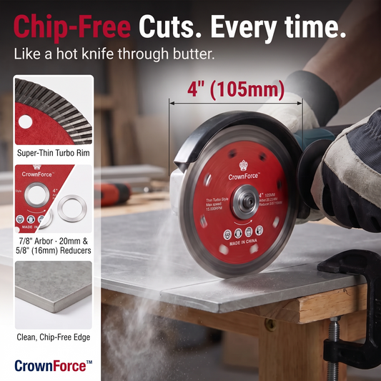 CrownForce chip-free circular saw blade shown in use on a metal workpiece with an angle grinder. The graphic includes product details on the left, a measurement callout of 4 inches (105mm), and marketing text about chip-free cuts.